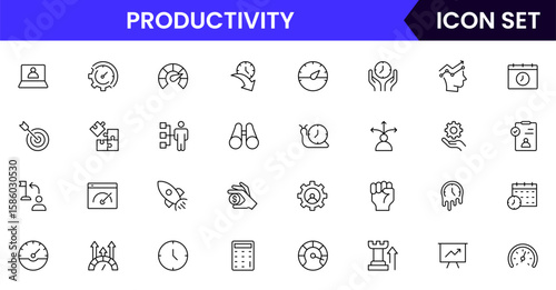 Productivity vector web line icon collection, sleek illustrations of tasks, clocks, calendars, efficiency tools for streamlined, effective designs.