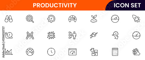 Productivity vector web line icon collection, sleek illustrations of tasks, clocks, calendars, efficiency tools for streamlined, effective designs.