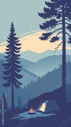 First Light of Dawn Across Endless Landscape with Camping Tent, Pine Trees, and Blue Mountains