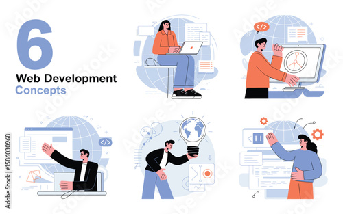 Development and Programming Concept in Flat Style Featuring Web Coding, Software Design, and Digital Platform Creation for Mobile Apps and Desktop Interfaces in Modern Illustration

