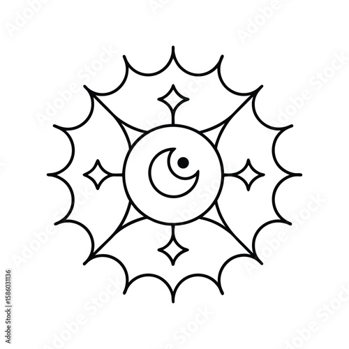 Haunted moon Halloween mandala with symmetrical swirling bat and eerie eye shapes Vector illustration