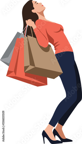 Woman shopping happily with multiple shopping bags wearing red top and navy pants vector illustration