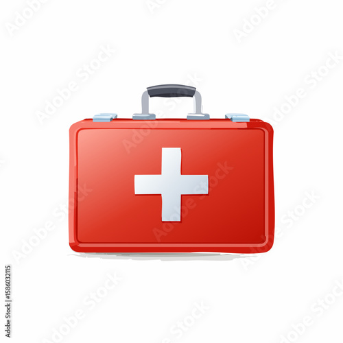 Red First Aid Kit with Medical Cross Symbol and Handle