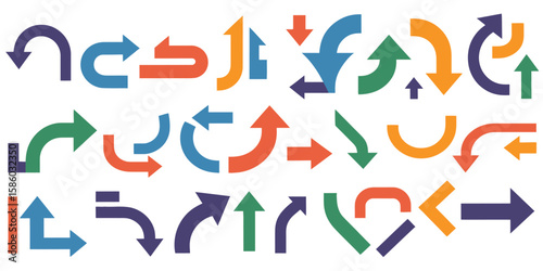 Arrow Vector Set Including Road Navigation Signs, Driving Marks, Location Points, and Crossroad Symbols Perfect for Digital Maps, Apps, and UI Graphics
