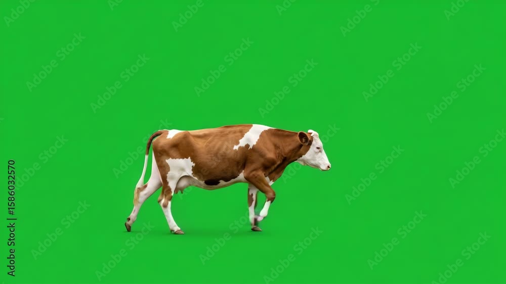 Dairy Cow on Green: A vibrant dairy cow walks confidently across a pure green backdrop, the image is ideal for visual projects. This striking shot captures the essence of agricultural life. Dairy Cow on Green: A vibrant dairy cow walks confidently across a pure green backdrop, the image is ideal for visual projects. This striking shot captures the essence of agricultural life.