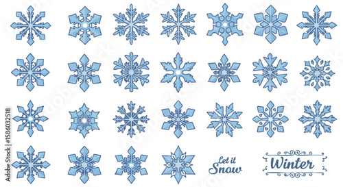Set of 15 Unique Snowflake Icons in Flat Style on White Background