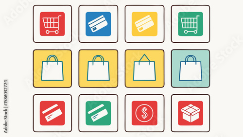 Collection of colorful shopping icons representing e commerce and retail