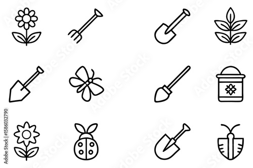 Black silhouette vector icons set of gardening tools and construction repair instruments
