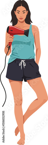 Woman using hair dryer in casual summer outfit standing barefoot with relaxed posture vector illustration