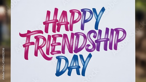 Happy friendship day text with vibrant pink and blue colorful gradient brush strokes on white background