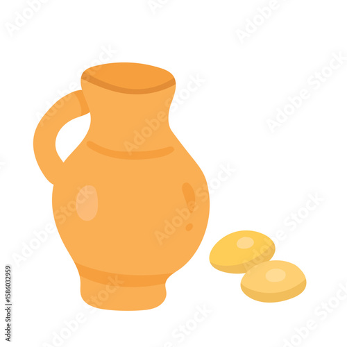 Antique ceramic jug with golden coins, excellent for historical treasure maps, fantasy quests, or ancient wealth illustration.