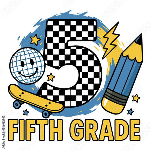 Fifth Grade Checkered Number Design with Pencil and Skater Vibes