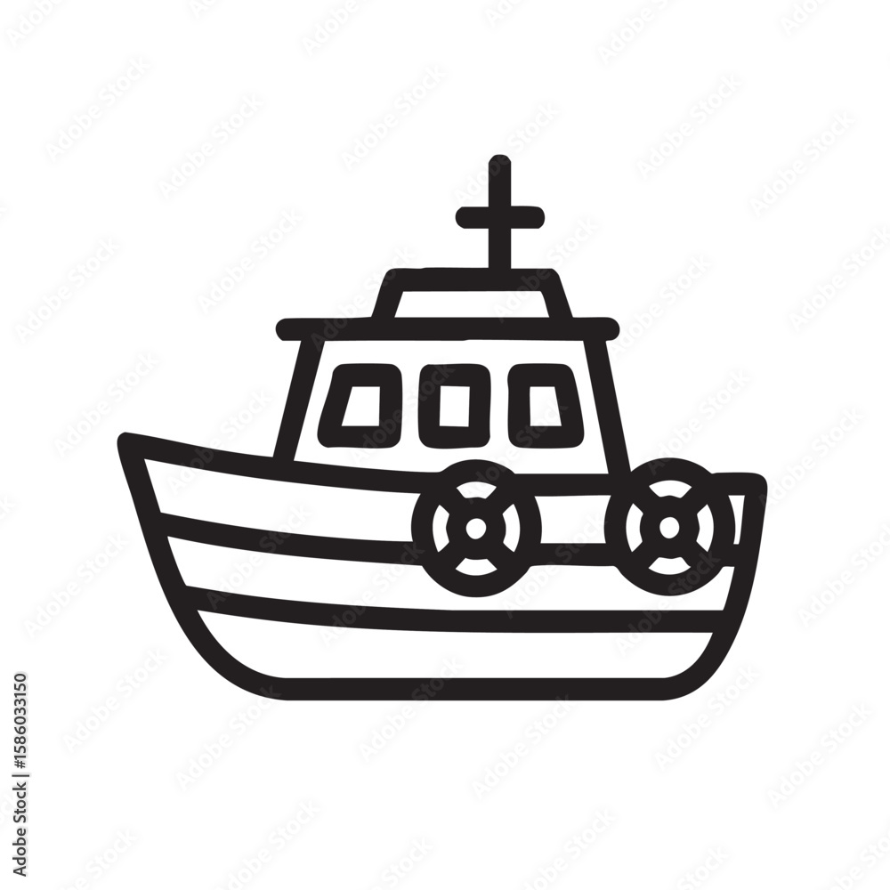 Obraz premium Simple Line Art Icon of a Boat with Windows and Life Preservers on White