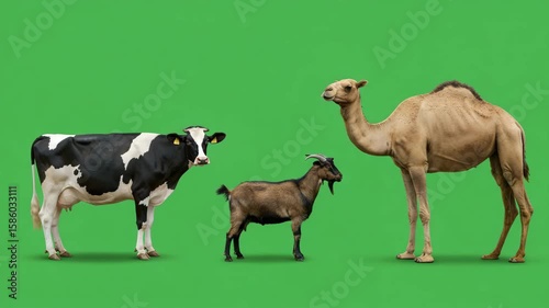 Farm Animals Together: A trio of domestic animals, a cow, goat and camel, stand side-by-side, showcasing their unique forms and textures against a vivid green backdrop.