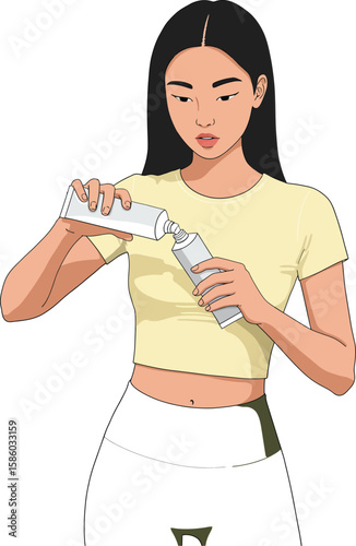 Young woman pouring milk from carton into glass in casual outfit vector illustration