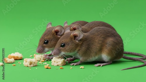 The Tiny Banquet: A pair of brown mice are engaged in an innocent feast, enjoying tiny breadcrumbs on a vibrant green backdrop. A charming scene that evokes warmth and curiosity.