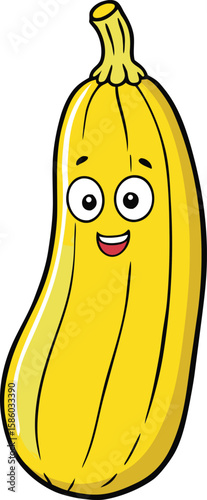 Cute happy yellow zucchini cartoon character with big eyes and a smile isolated on white background