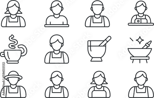 Vector line icons: minimalist cafe staff avatars and food