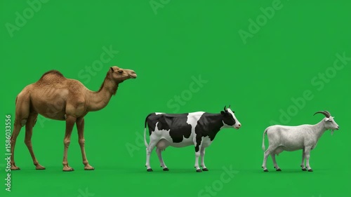 Animal Trio in Green: A camel, cow and goat stand in a row in the image that is suitable for use in various designs.