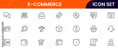 E-commerce vector web line icon collection, sleek illustrations of carts, payments, products, online shopping for vibrant, digital marketplace designs.