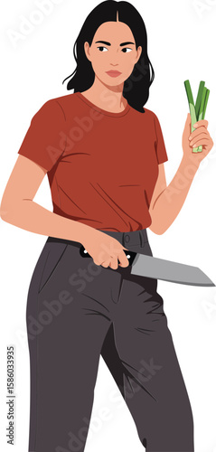 Woman holding knife and green vegetables preparing food in casual outfit vector illustration