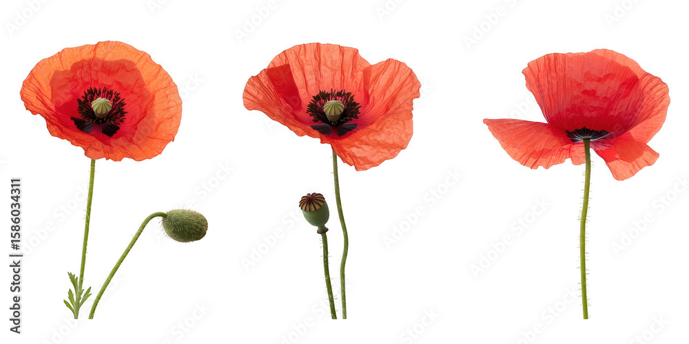 Obraz premium Red Poppy Flowers Buds Isolated on a transparent background