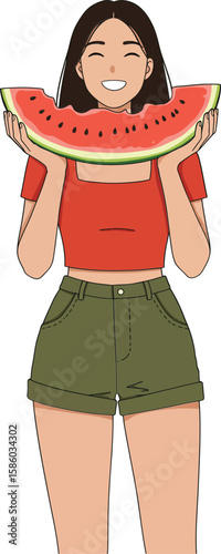 Young woman holding large watermelon slice smiling in casual summer outfit vector illustration
