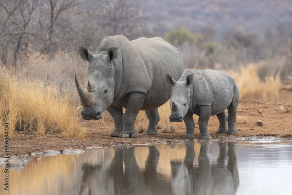 Fototapeta premium Rhino and calf exploring a muddy watering hole in the wilderness