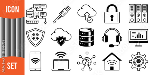 Hand-Drawn Doodle Technology and Security Icon Set – Minimalist Black and White with Orange Accents
