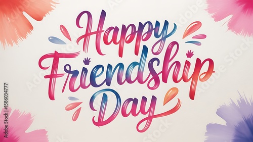 Happy friendship day multicolored brush script lettering with floral accents