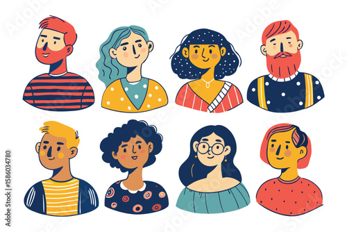 Diverse Faces: A collection of diverse and vibrant cartoon portraits, each showcasing unique features and expressions, reflecting the beauty of human individuality.