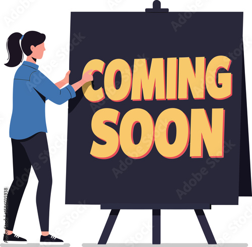 Woman standing near easel with coming soon sign in casual outfit vector illustration