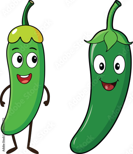 Two cheerful cartoon green chili peppers with happy faces and arms and legs isolated on white background