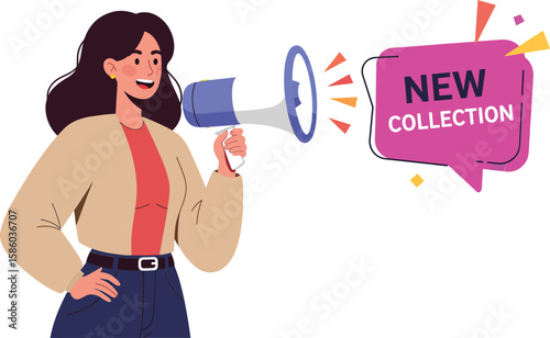 Woman holding megaphone announcing new collection for marketing and promotion concepts in vector design