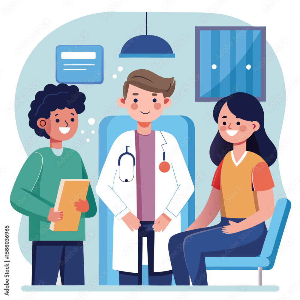 Fototapeta premium Friendly Doctor Meeting with Patient and Assistant in a Medical Office Featuring a Clean and Modern Aesthetic with a Focus on Healthcare and Patient Well