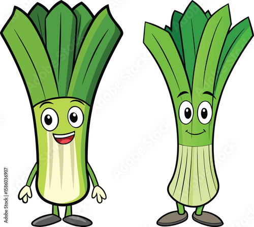 Two cheerful cartoon leeks with arms and legs standing side by side isolated on white background