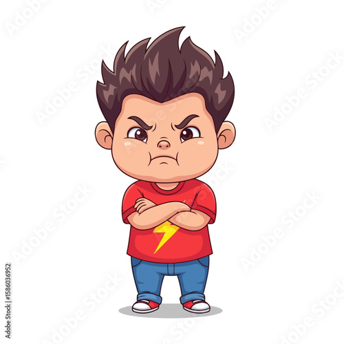 Little Boy Cartoon Angry with Crossed Arms and Frowning Face Vector Illustration