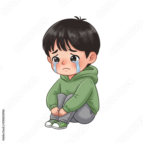 Little Boy Cartoon Crying and Sitting with Sad Face Vector Illustration