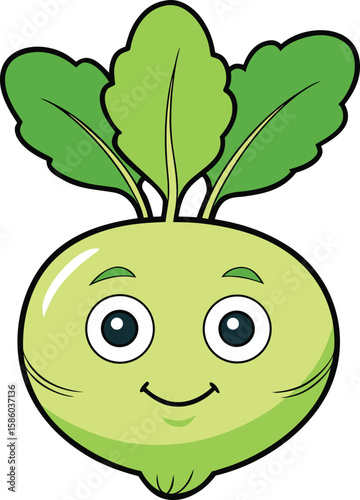Cute cartoon kohlrabi character with a happy face and green leaves isolated on white background