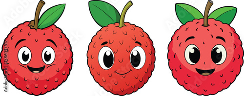 Three cute cartoon lychee fruits with happy faces and green leaves isolated on white background