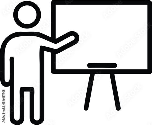 Simple line art of person presenting near whiteboard icon
