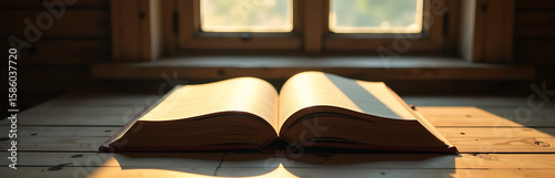 weathered hardcover book lies open worn wooden table golden pages glowing warmly soft morning sunlight filtering grimy