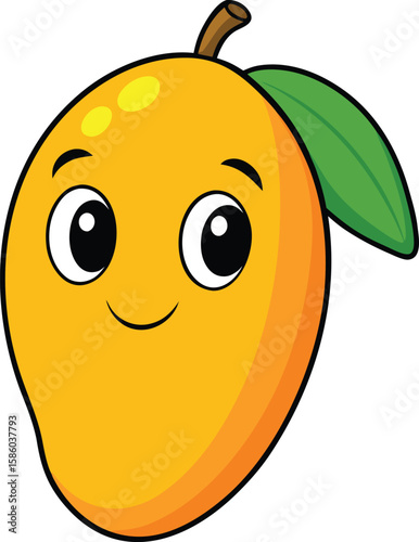 Cute cartoon mango character with a happy expression and a green leaf isolated on white background