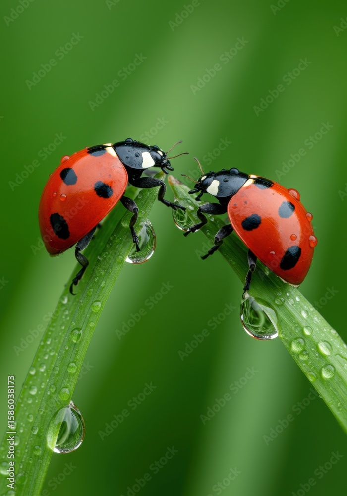 Fototapeta premium Two ladybugs are perched on a blade of grass with water droplets