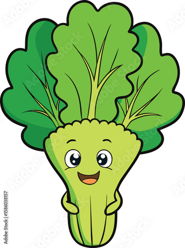 Cute happy cartoon bok choy vegetable character with big eyes and a smile isolated on white background