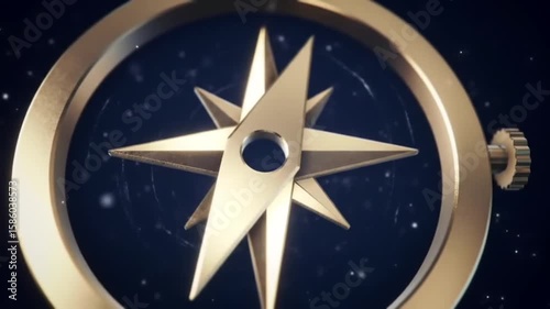 stylized, abstract 3D rendering of a golden compass against a dark, swirling background.