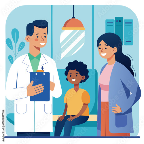 Illustration of a doctor with a clipboard talking to a child and their mother in a doctor s office depicting a friendly and reassuring healthcare