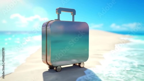3D rendering of a suitcase standing on a sandy beach with a turquoise sea and blue sky.
