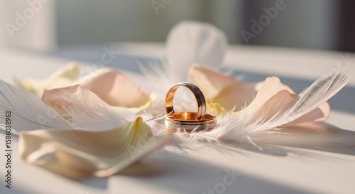 Golden wedding rings beautifully decorate a bridal bouquet of flowers, symbolizing love and engagement