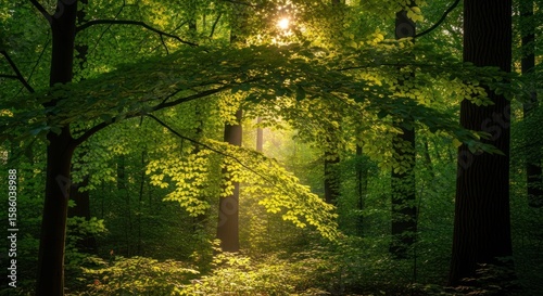 Golden sunlight filters through mist-kissed trees on an autumn forest path, illuminating the vibrant fall foliage
